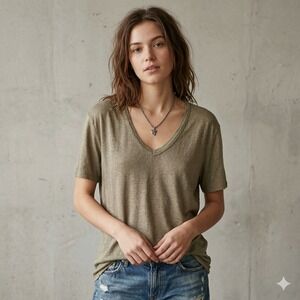 Zadig & Voltaire Thimo Linen Top Womens Large Olive Green V-Neck T-Shirt